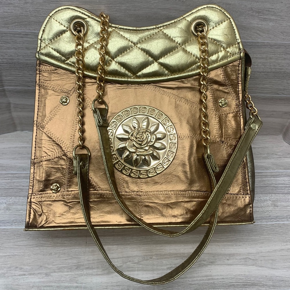 VTG Sam Dae Genuine Leather‎ Patchwork Shoulder Bag Gold Tone Chain Accent